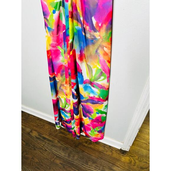 LIV FOSTER Tie Dye Multicolor Floral Abstract Side Cutout A-Line Gown Size 10 - Picture 15 of 16